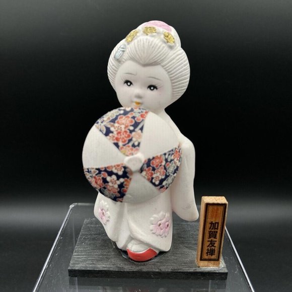 Ceramic Japanese Doll Dressed in Kimono Standing on Wood Platform - Picture 1 of 5